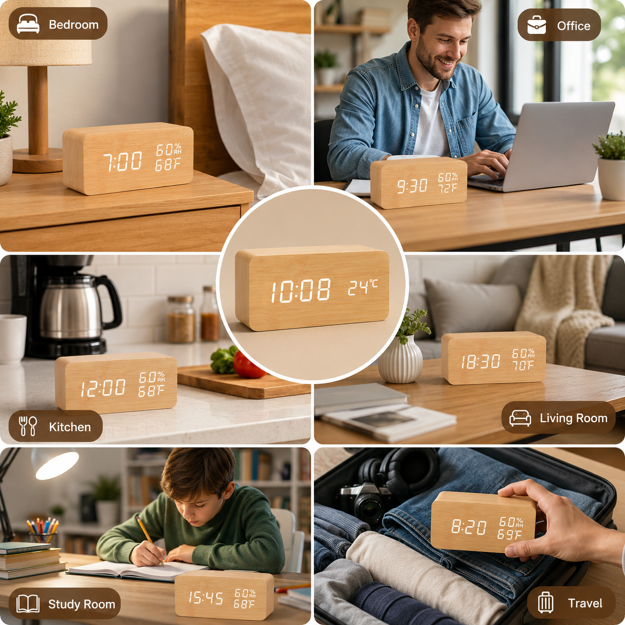 TimberCharge Wireless Wooden Clock