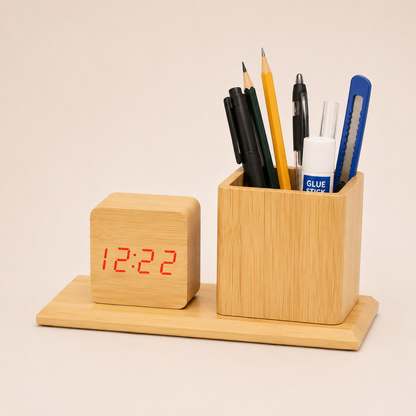 TimberDesk Wooden Clock & Pen Stand