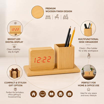 TimberDesk Wooden Clock & Pen Stand
