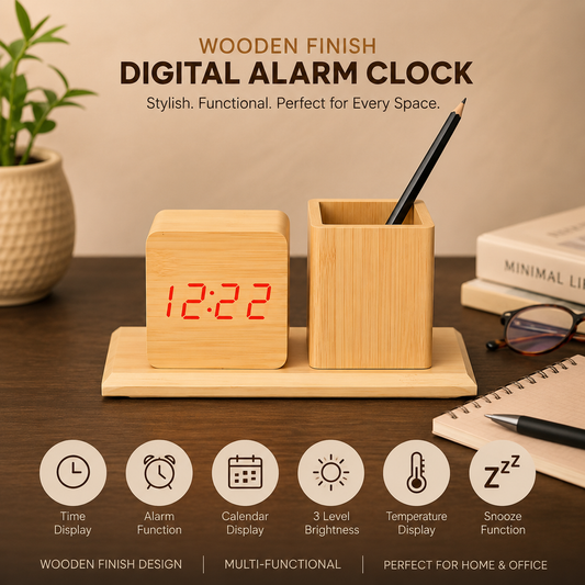 TimberDesk Wooden Clock & Pen Stand